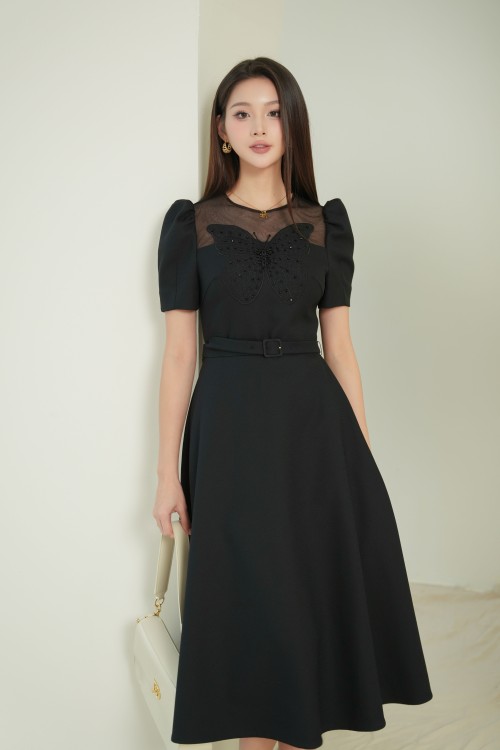 Sixdo Black Butterfly Embroidery Woven Midi Dress